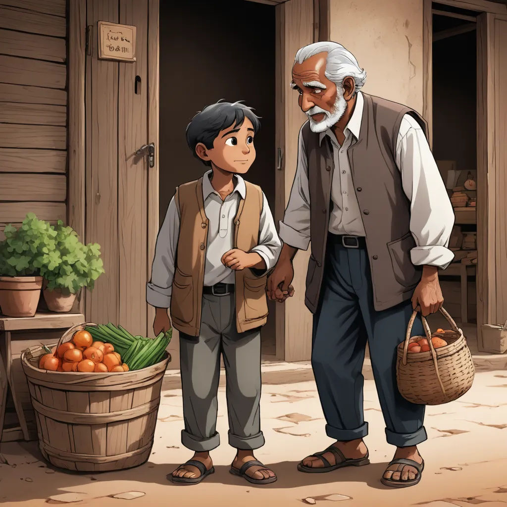 a man and a boy standing in front of a basket of fruit and vegetables in a village setting with a door open, magical realism, a storybook illustration, Diego Gisbert Llorens, ghibli