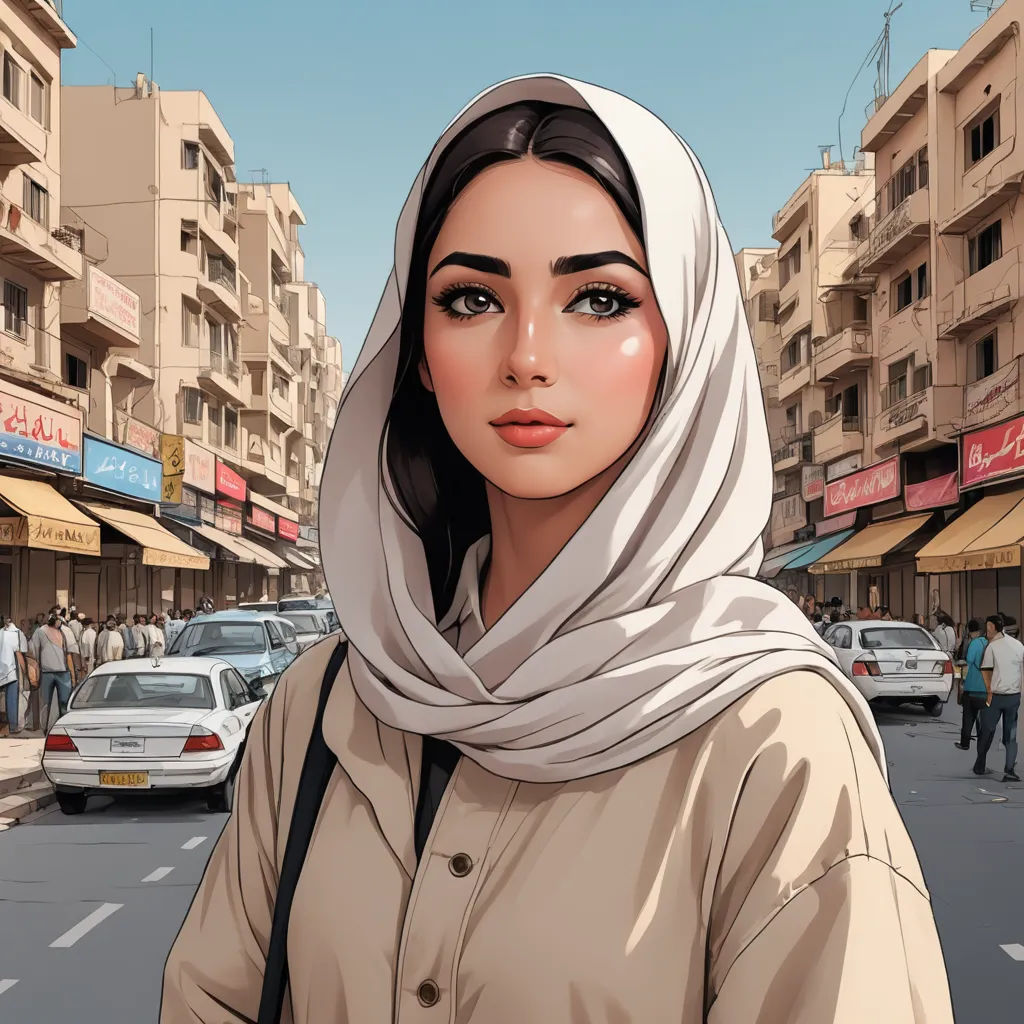 a woman in a headscarf is standing on a street corner in a city with cars and people, aestheticism, a comic book panel, Atey Ghailan, city background