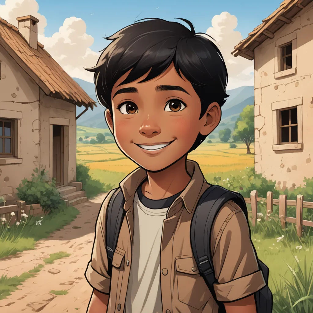 a boy with a backpack standing in front of a house and a field with a house on it and a dog, paris school, a character portrait, Diego Gisbert Llorens, official art