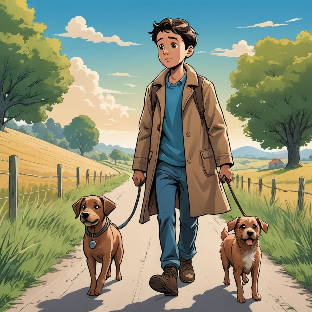 a man walking two dogs down a road in a field with a fence and trees in the background,, process art, a comic book panel, Everett Warner, comic cover art