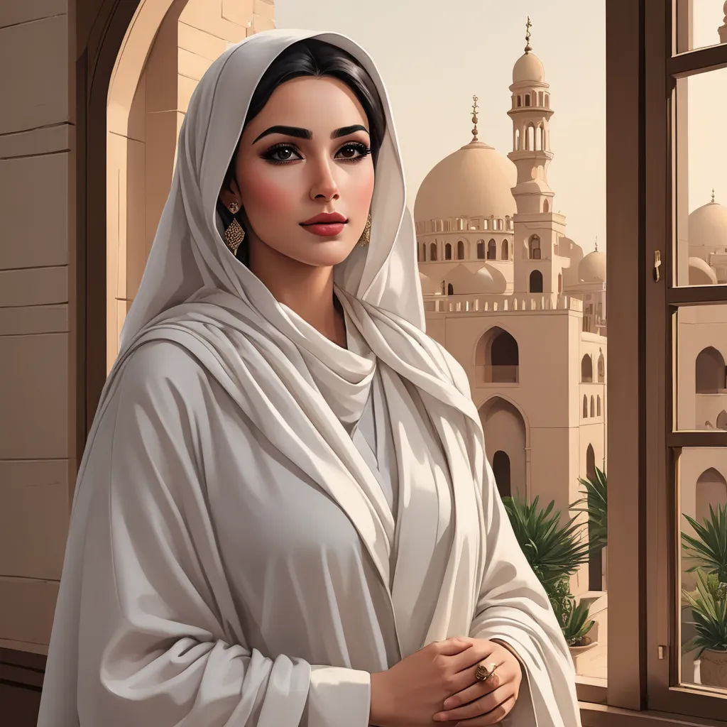 a woman in a white dress standing in front of a window with a view of a building and palm trees, fantasy art, a detailed painting, Altoon Sultan, highly detailed digital painting