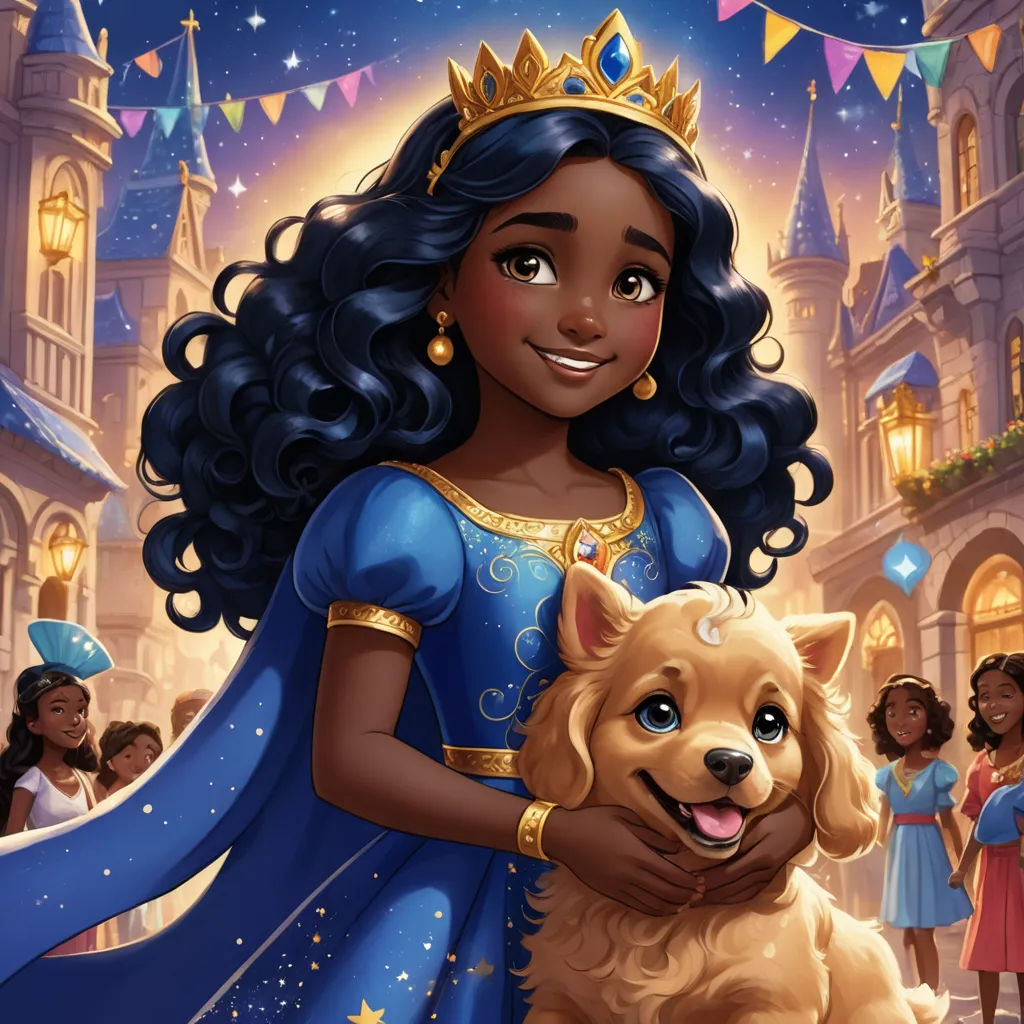 a cartoon of a princess holding a dog in front of a castle with a dog on her lap and a little girl in the background, magical realism, a storybook illustration, disney, comic cover art