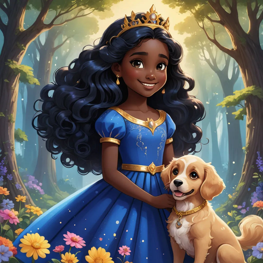 a cartoon girl in a blue dress holding a dog in a forest with flowers and trees around her, with a golden dog in her lap, fantasy art, a storybook illustration, disney, official art