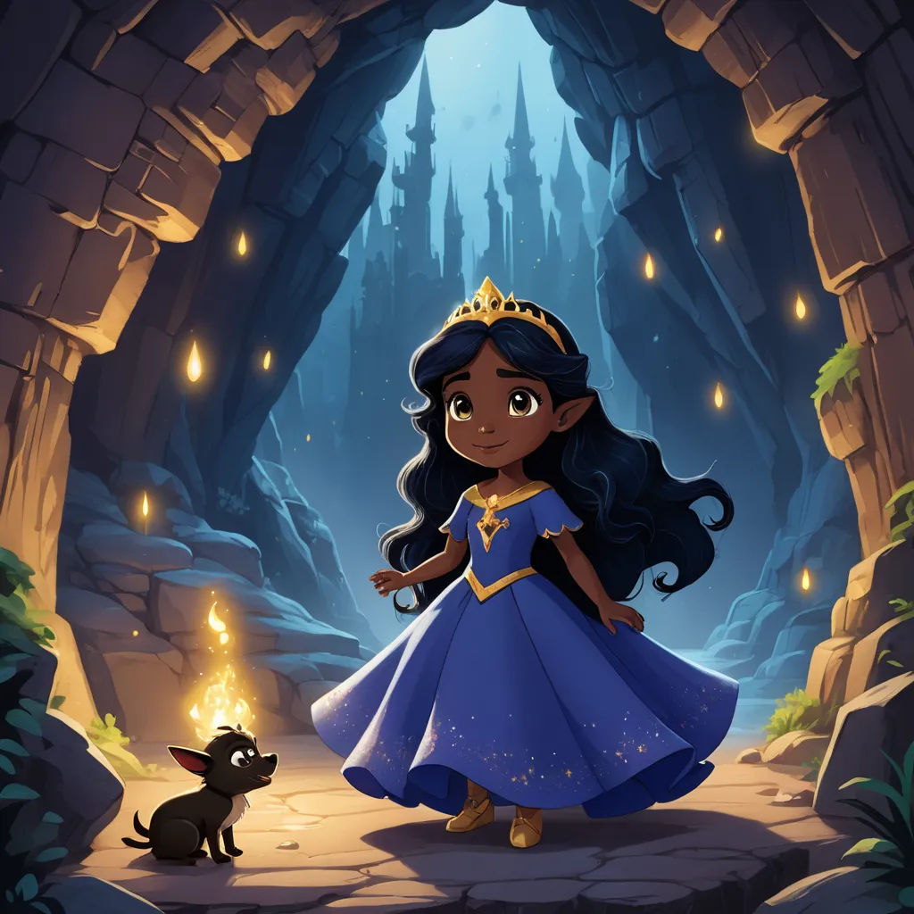 a cartoon of a princess and a dog in a cave with a fire pit in the background and a cave entrance, fantasy art, concept art, Cliff Childs, official art