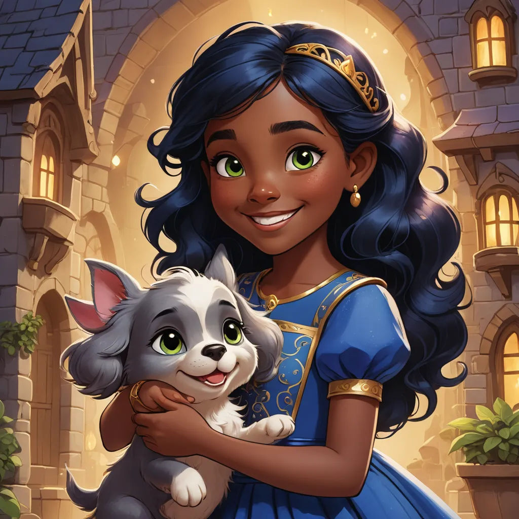 a cartoon character holding a dog in front of a castle with a glowing light behind her and a glowing light behind her, sots art, a storybook illustration, disney, kinkade