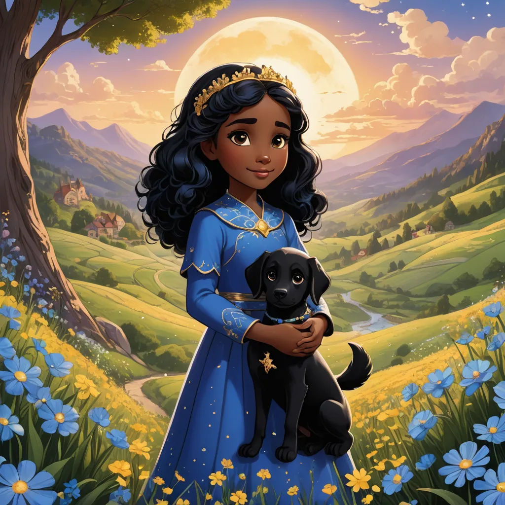 a cartoon character holding a dog in a field of flowers with a full moon in the background and a tree, sots art, a storybook illustration, Ella Guru, comic cover art