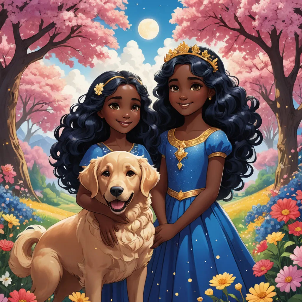 a painting of two girls and a dog in a park with flowers and trees in the background, with a full moon in the sky, fantasy art, a storybook illustration, disney, comic cover art
