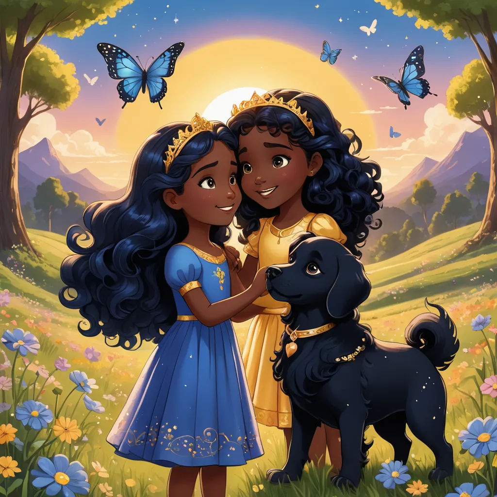 a painting of two girls and a dog in a field with butterflies and flowers in the background, with a sun setting behind them, fantasy art, a storybook illustration, Ella Guru, comic cover art