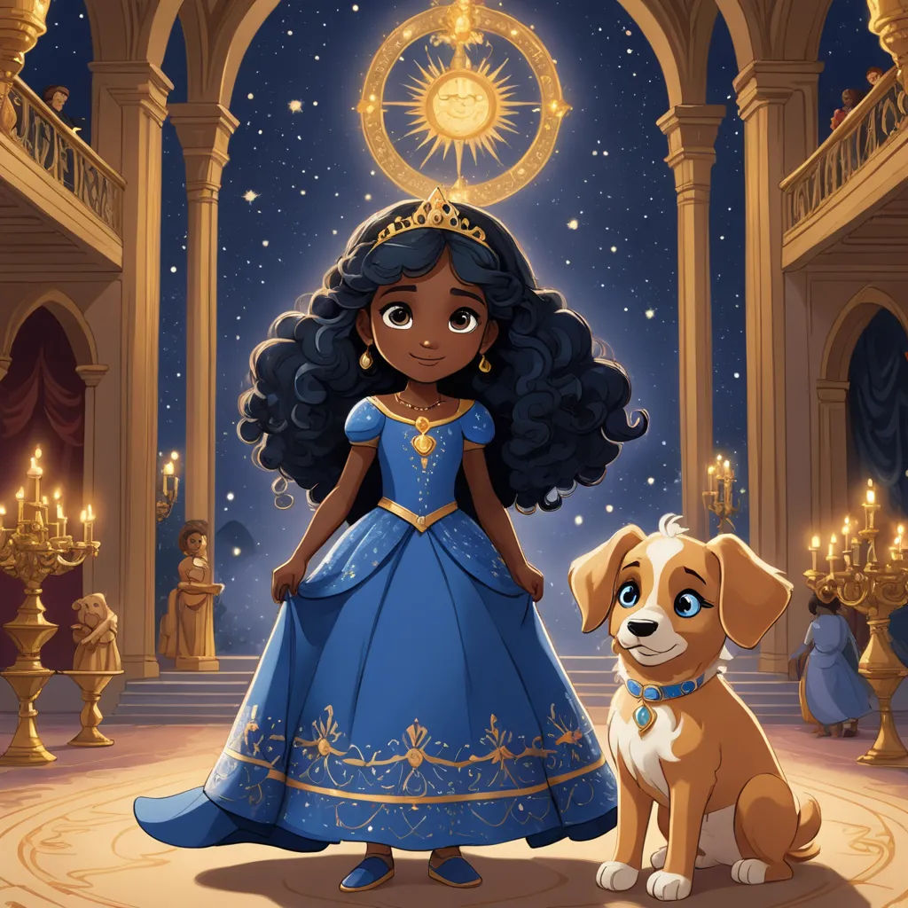a cartoon character with a dog in a palace setting with a clock in the background and a dog in front of her, sots art, a storybook illustration, Ella Guru, official art