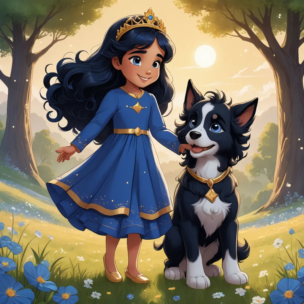 a cartoon girl in a blue dress standing next to a dog in a field of flowers with trees and flowers, fantasy art, a storybook illustration, Altoon Sultan, storybook illustration