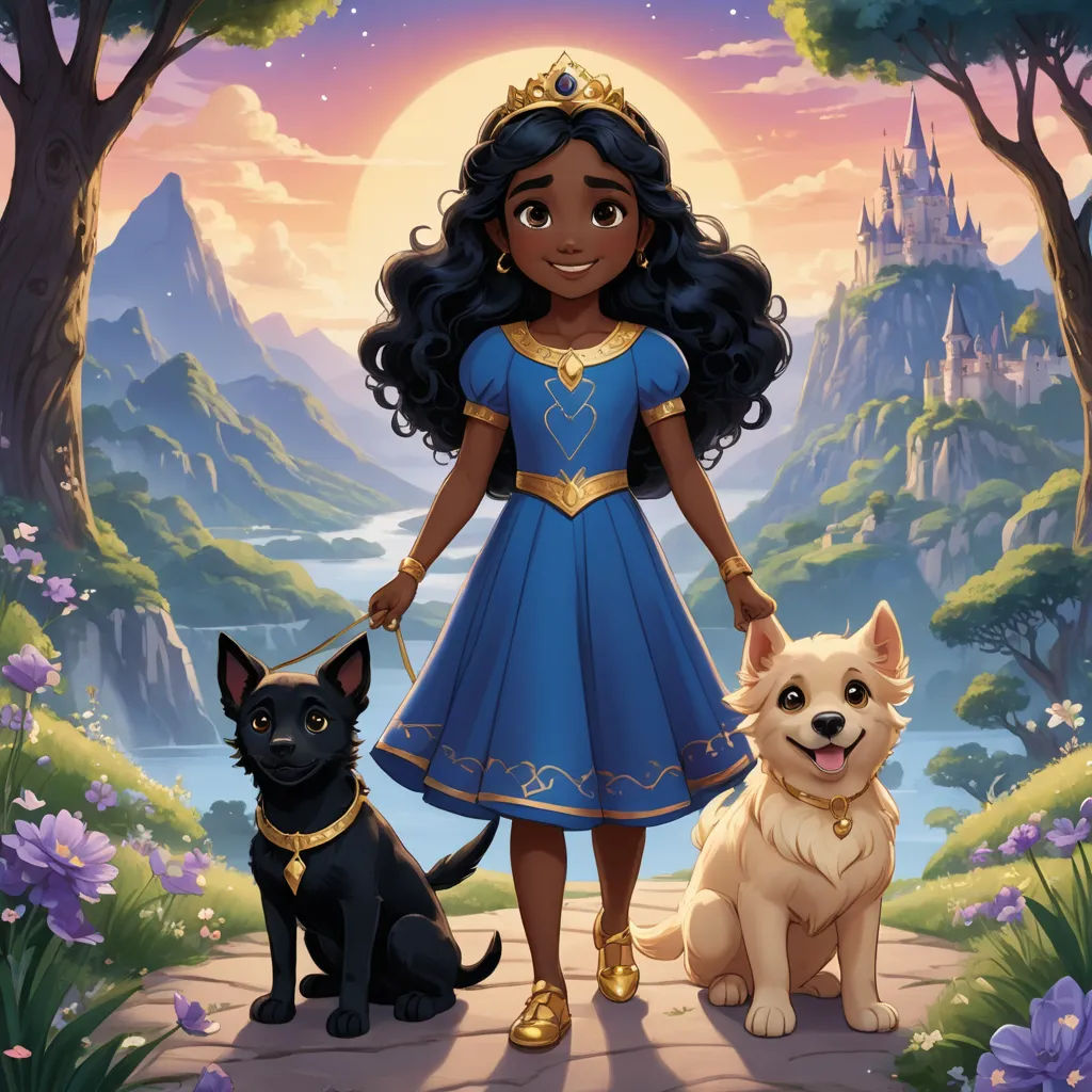 a cartoon girl in a blue dress standing next to two dogs in a forest with a castle in the background, sots art, concept art, disney, official art