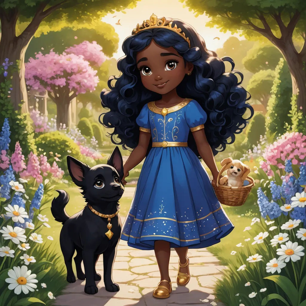 a cartoon girl in a blue dress and a black dog in a park with flowers and trees and flowers, fantasy art, a storybook illustration, disney, official art
