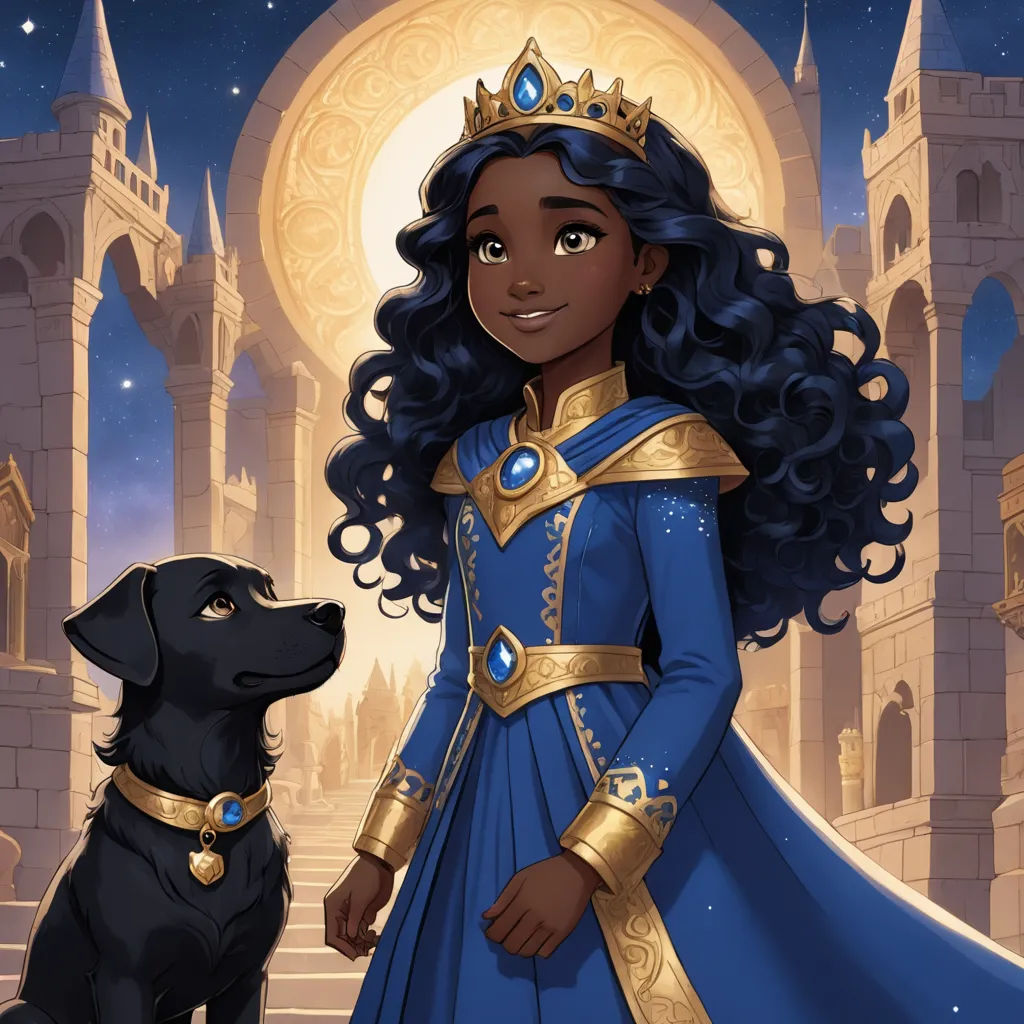 a cartoon of a girl in a blue dress and a dog in front of a castle with a moon, fantasy art, a character portrait, Chinwe Chukwuogo-Roy, official art