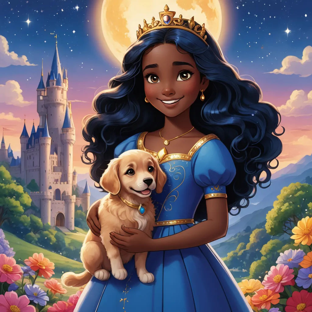 a cartoon character holding a dog in front of a castle with a full moon in the background and flowers in the foreground, sots art, a storybook illustration, disney, comic cover art