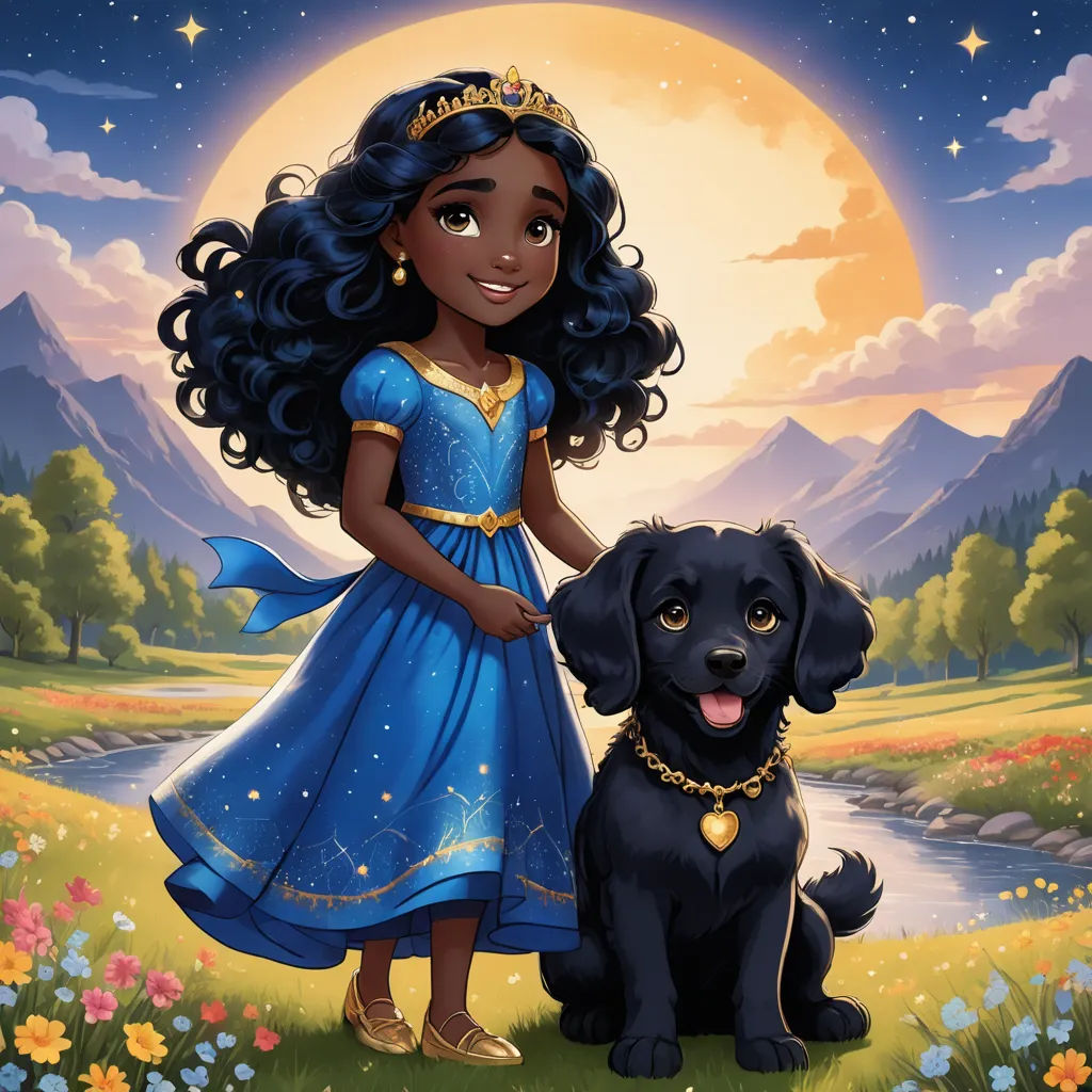 a painting of a girl and her dog in a field with a moon in the background and a mountain in the background, fantasy art, a storybook illustration, Ella Guru, comic cover art