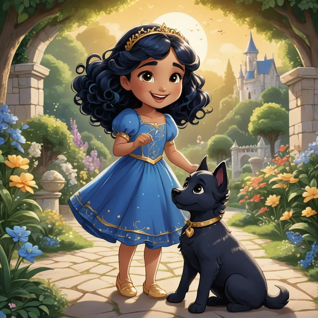 a cartoon girl in a blue dress standing next to a black dog in a garden with flowers and a castle, sots art, a storybook illustration, Alice Prin, official art