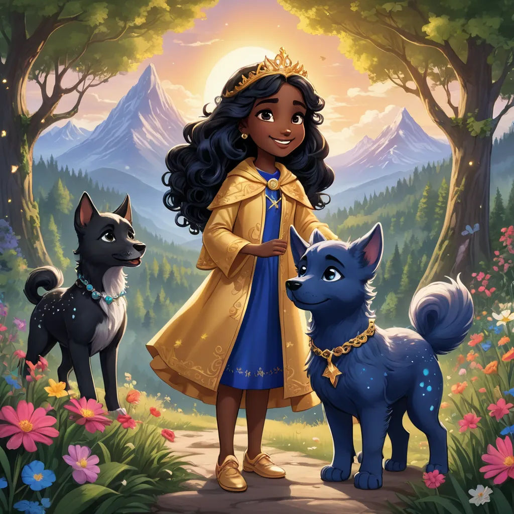 a painting of a girl and two dogs in a forest with mountains in the background and flowers in the foreground, sots art, a character portrait, Chinwe Chukwuogo-Roy, official art