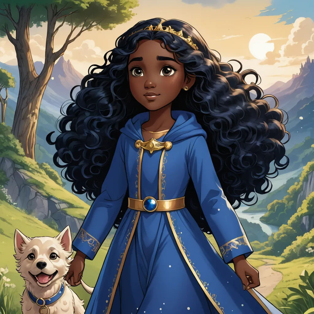 a cartoon of a young girl in a blue dress and a dog in a forest with a mountain in the background, fantasy art, a storybook illustration, Evaline Ness, comic cover art
