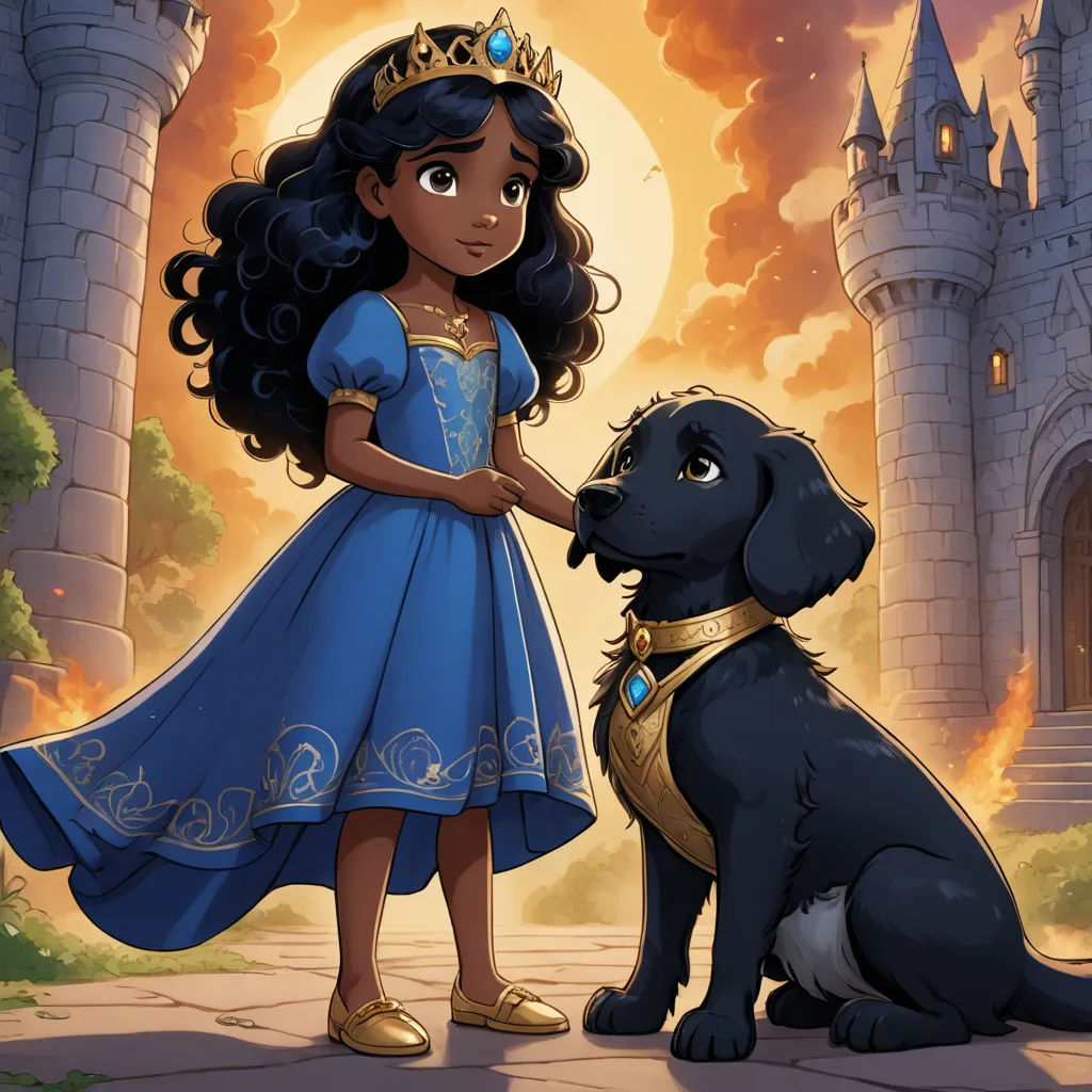 a young girl in a blue dress standing next to a black dog in front of a castle with a glowing moon, fantasy art, a storybook illustration, disney, official art