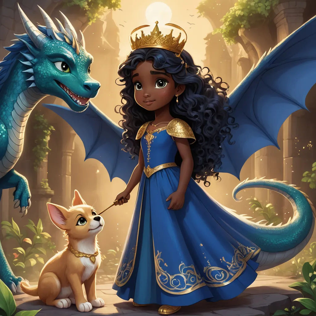 a little girl in a blue dress standing next to a dog and a dragon in a forest with a glowing sun behind her, fantasy art, a storybook illustration, Chris LaBrooy, official art