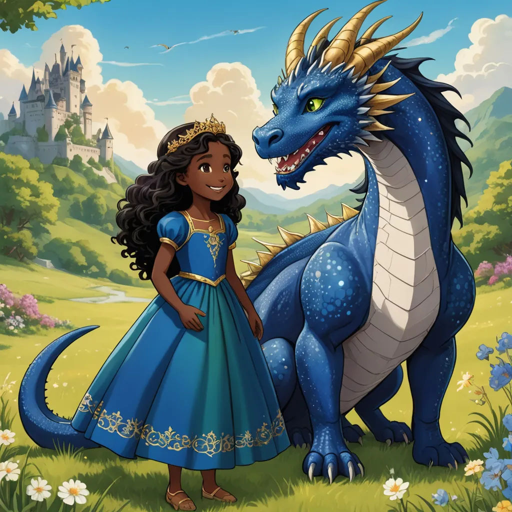 a young girl standing next to a dragon in a field of flowers and grass with a castle in the background, fantasy art, a storybook illustration, Chinwe Chukwuogo-Roy, dragon art