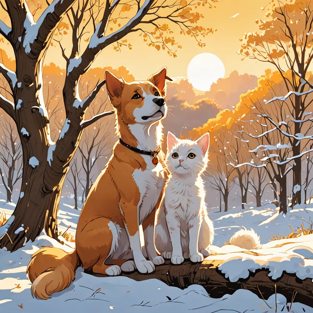 a dog and a cat sitting in the snow by a tree in the woods with a sun setting behind them, furry art, a storybook illustration, Dan Mumford, official art