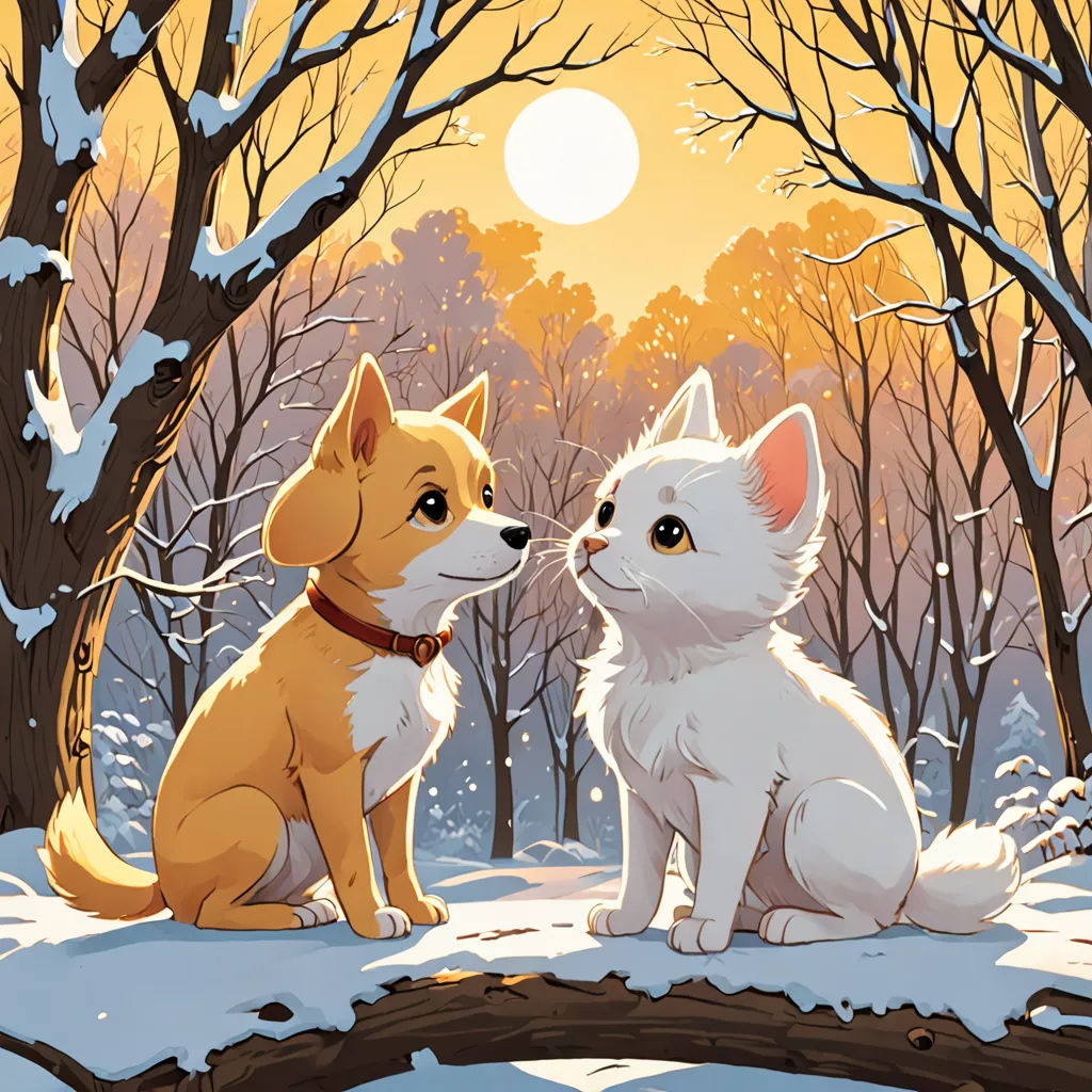 a dog and cat sitting in the snow in front of a tree with a sun in the background and a snowy forest, furry art, a storybook illustration, Cyril Rolando, storybook illustration