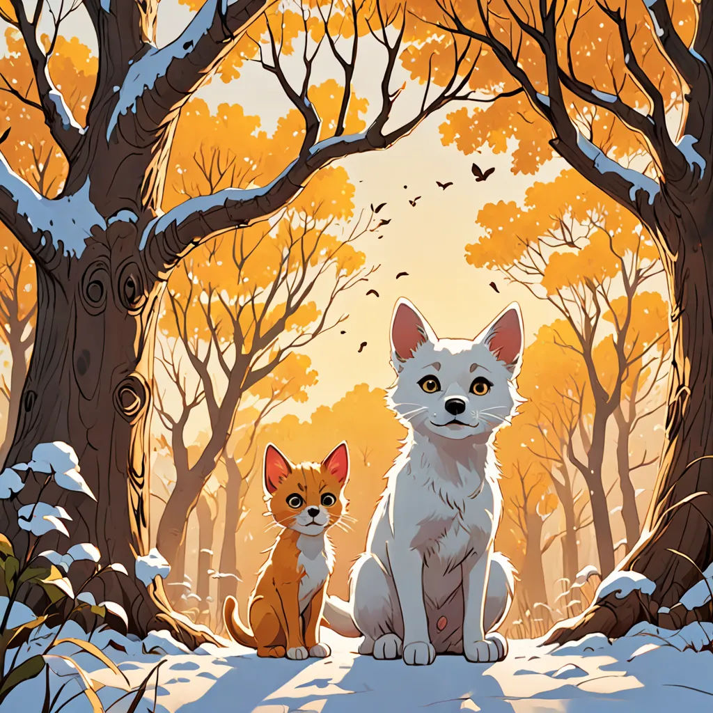 a painting of two foxes in a snowy forest with trees and leaves on the ground and a bird flying overhead, furry art, a storybook illustration, Anato Finnstark, storybook illustration