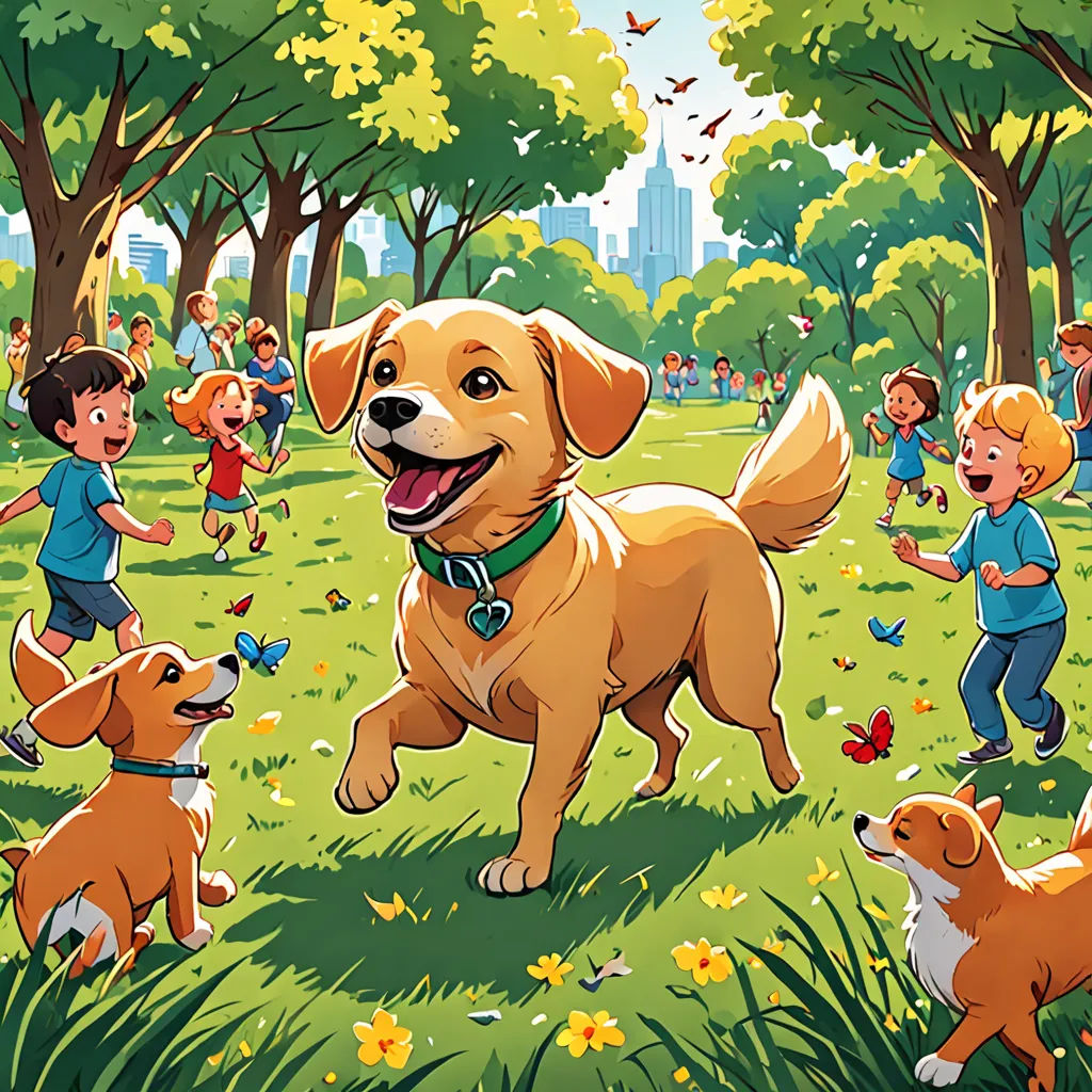 a group of children playing with a dog in a park with a dog on the grass and a dog on the ground, american scene painting, a storybook illustration, Chris LaBrooy, storybook illustration