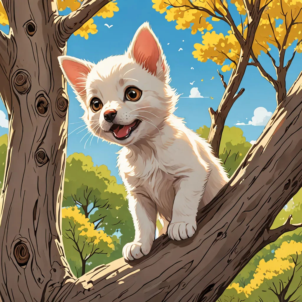 a white kitten sitting on a tree branch in a forest with yellow leaves and a blue sky in the background, furry art, a storybook illustration, Chris LaBrooy, rossdraws global illumination