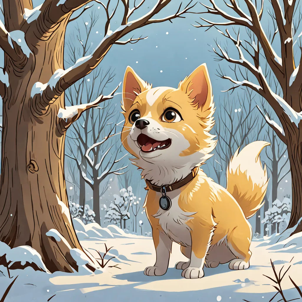 a cartoon dog standing in the snow next to a tree with snow on it's branches and a snow covered forest behind it, furry art, a storybook illustration, Chris Rallis, storybook illustration