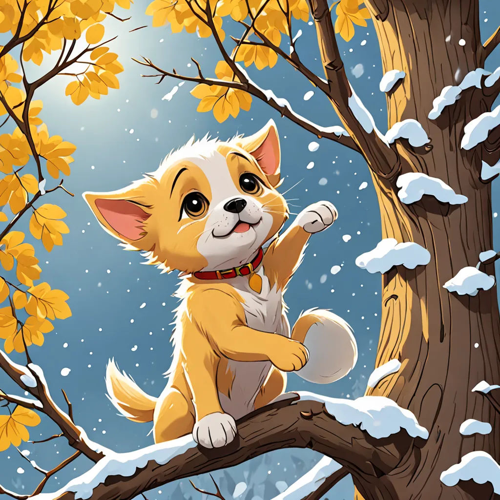 a cartoon dog sitting on a tree branch in the snow with a snow covered background and falling leaves on the branches, furry art, a storybook illustration, Cyril Rolando, storybook illustration