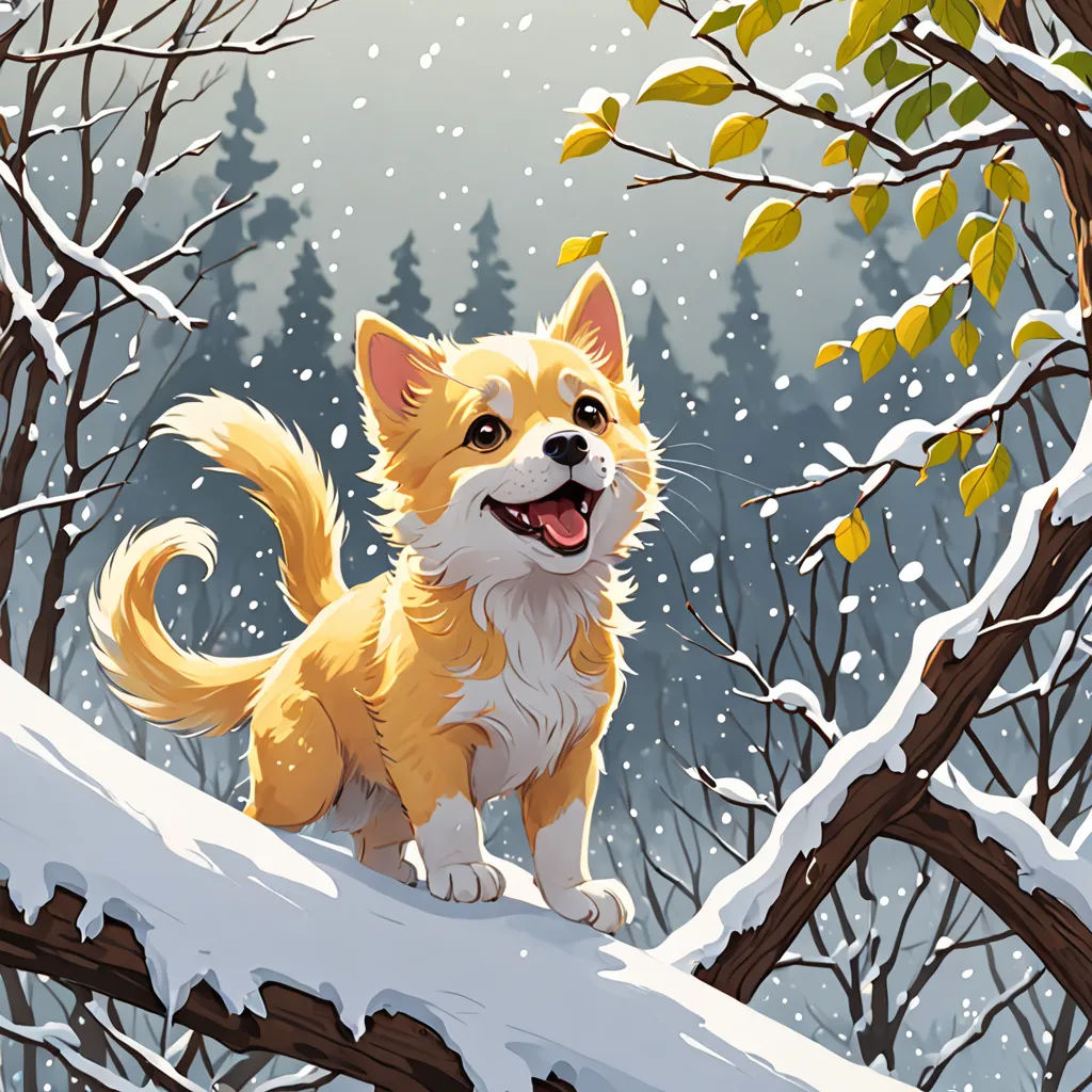 a dog sitting on a tree branch in the snow with a snow covered forest behind it and a snow covered forest behind it, furry art, a storybook illustration, Cyril Rolando, trending on art station
