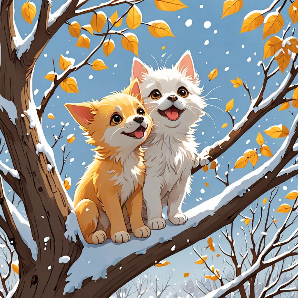 a painting of two cats sitting on a tree branch in the snow with leaves on the branches and a snow falling off the ground, furry art, a storybook illustration, Cyril Rolando, rossdraws global illumination