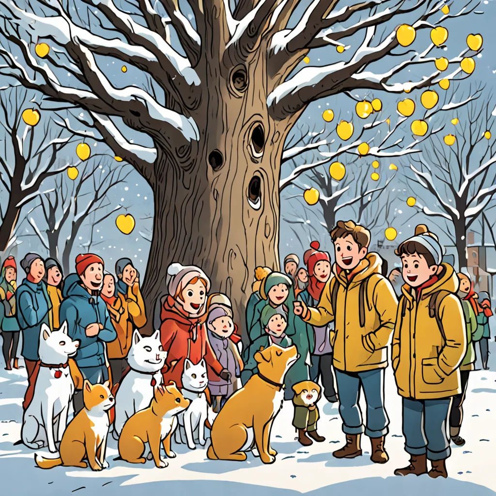 a group of people standing around a tree with dogs and cats around it in the snow with lemons falling off of the tree, interactive art, a storybook illustration, Asaf Hanuka, yukito kishiro