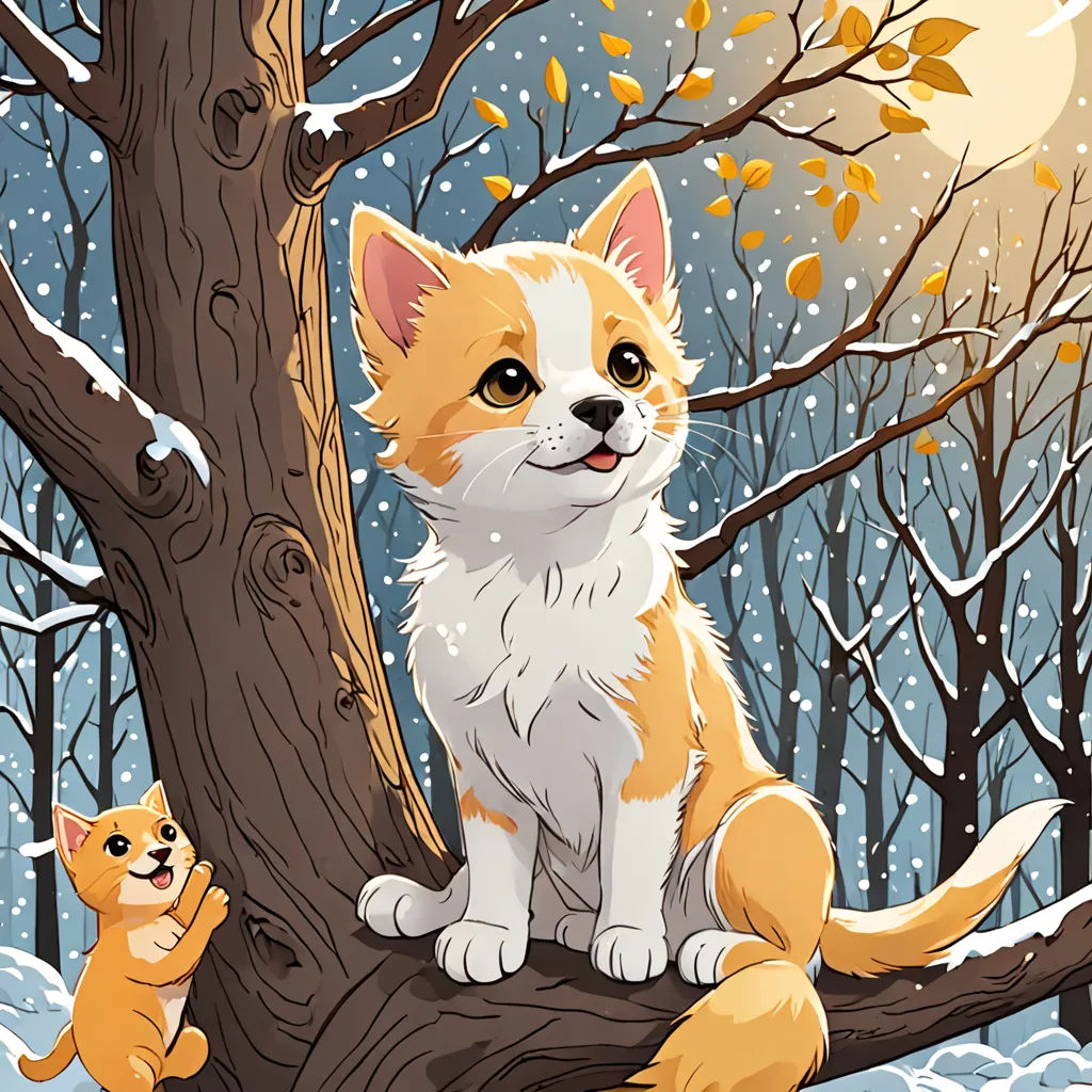 a cat and a kitten sitting on a tree branch in the snow with a full moon in the background, furry art, a storybook illustration, Cyril Rolando, storybook illustration