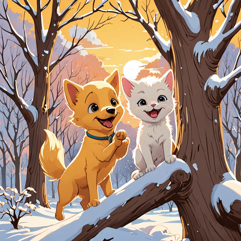 a cat and dog are sitting on a tree branch in the snow, with a dog looking at the camera, sots art, a storybook illustration, Diego Gisbert Llorens, storybook illustration
