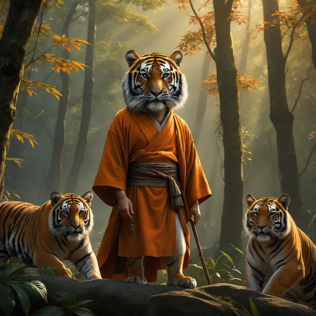 a man in a tiger costume standing next to two tigers in a forest with trees and leaves behind him, furry art, a detailed matte painting, Chris LaBrooy, weta digital
