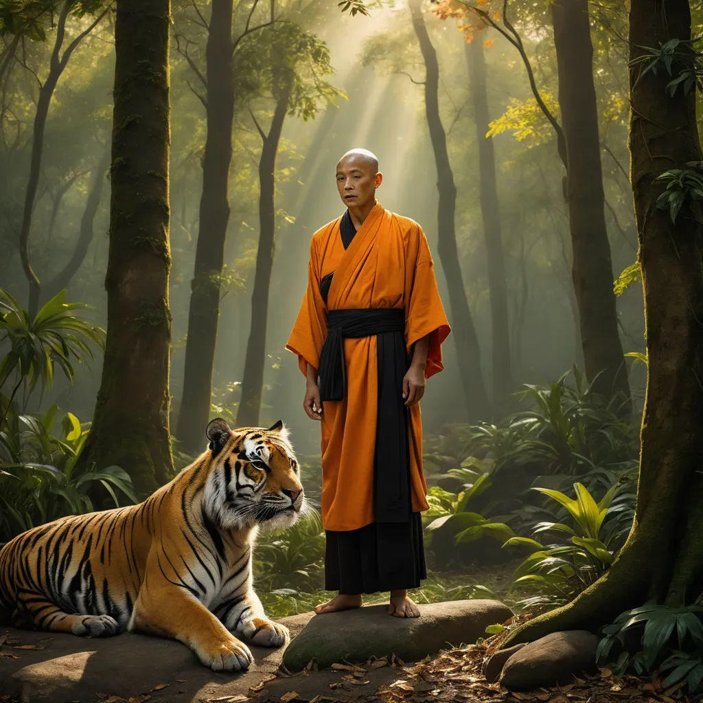 a man standing next to a tiger in a forest with sunlight streaming through the trees and a tiger laying on the ground, art photography, a matte painting, Andrew Law, cinematic photography