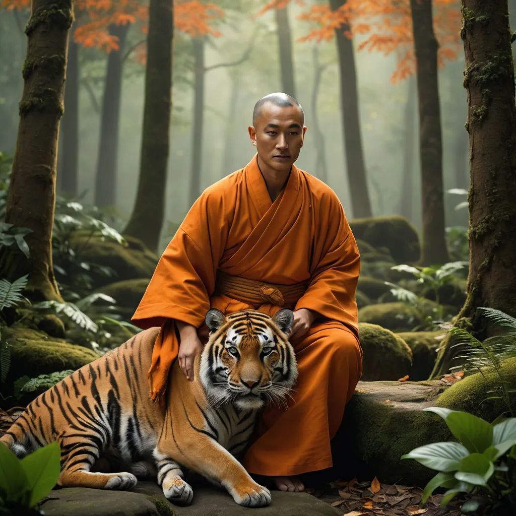 a man sitting on a rock with a tiger in the woods behind him in front of a forest with orange leaves, art photography, a photorealistic painting, Fang Congyi, cinematic photography