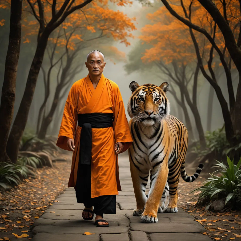 a man in an orange robe and a tiger walking down a path in a forest with trees and leaves, art photography, a digital painting, Andrew Law, animal photography