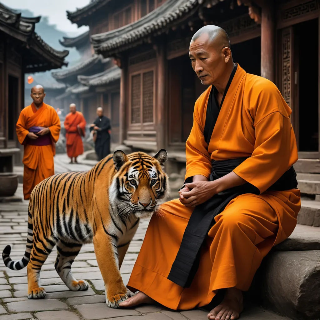 a man in orange robes sitting next to a tiger on a stone walkway with other people in orange robes, sumatraism, a colorized photo, Fang Congyi, wildlife photography