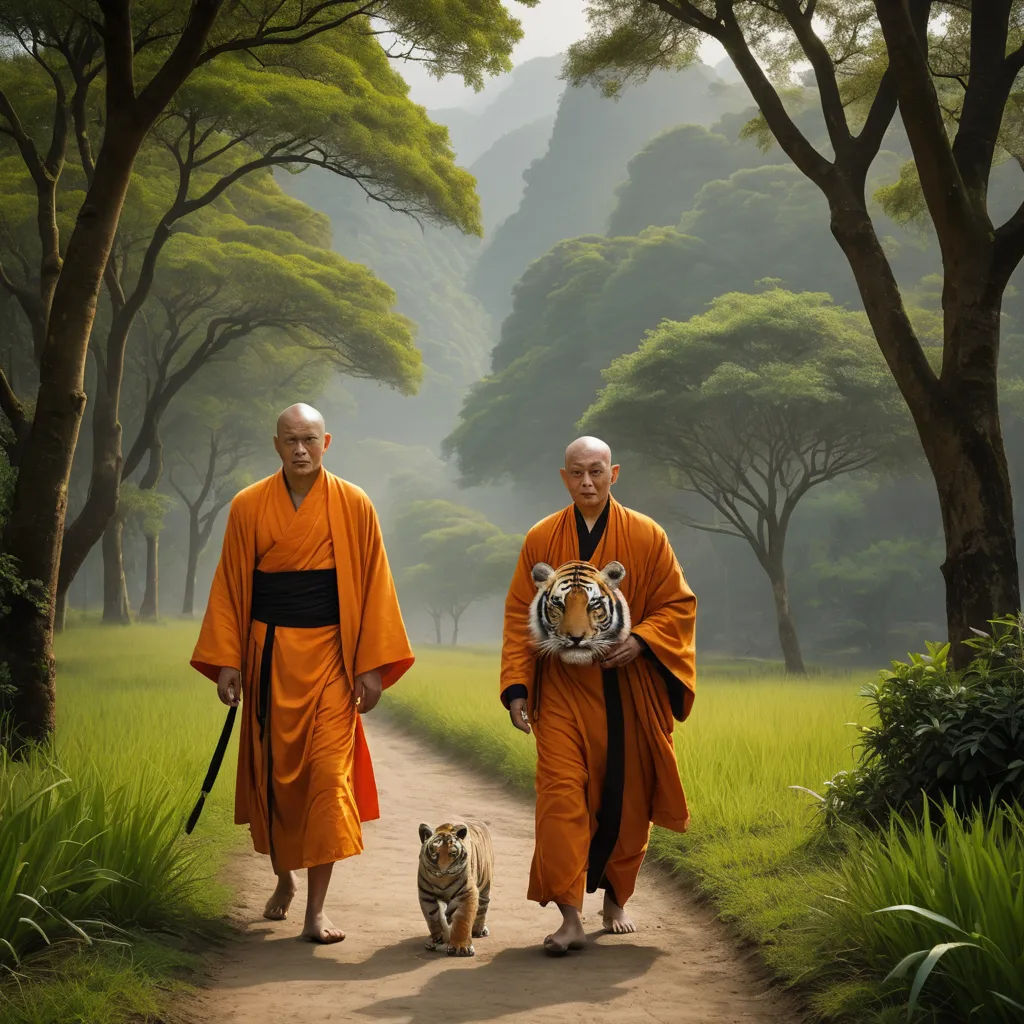 two monks walking down a path with a tiger on one side and a tiger on the other side of the path, naturalism, a photo, Chang Dai-chien, cinematic photography