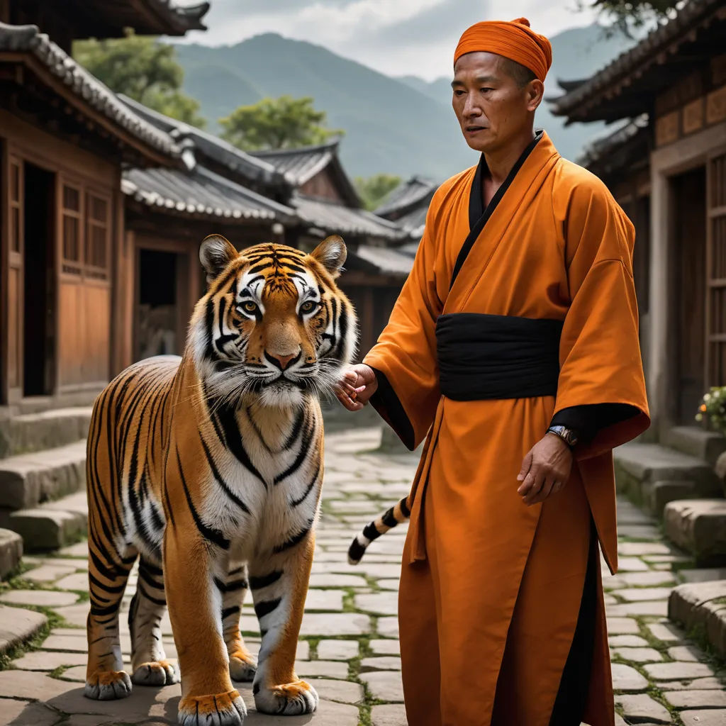 a man in an orange robe and a tiger on a stone walkway in front of a building with mountains in the background, sumatraism, a character portrait, Fang Congyi, cinematic photography