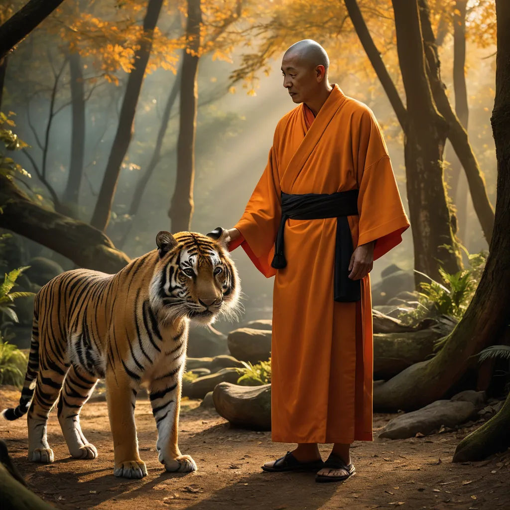 a man in an orange robe standing next to a tiger in a forest with trees and rocks in the background, naturalism, a detailed matte painting, Andrew Law, cinematic photography