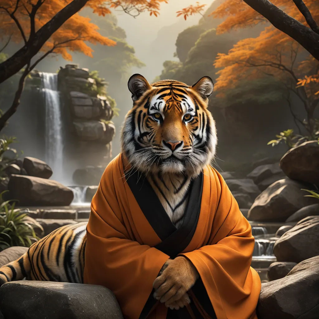 a tiger dressed in a robe sitting on a rock in front of a waterfall and a waterfall with a waterfall, furry art, a character portrait, Android Jones, ultra realistic digital art