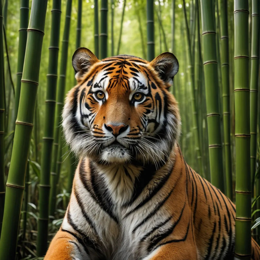 a tiger sitting in front of a bamboo tree with its eyes closed and a head turned to the side, sumatraism, a stock photo, Andrew Law, wildlife photography
