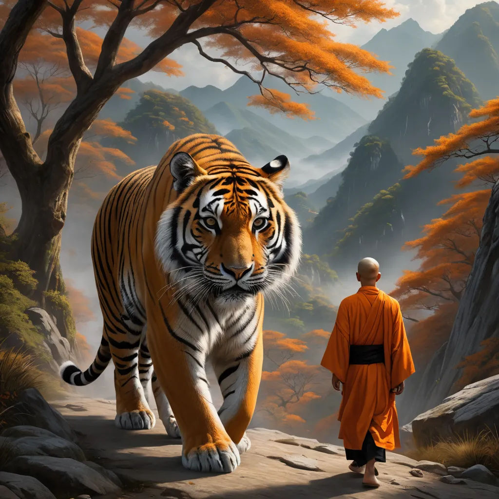 a man in an orange robe is walking a tiger in a mountain landscape with trees and mountains in the background, fantasy art, a matte painting, Cyril Rolando, highly detailed digital painting