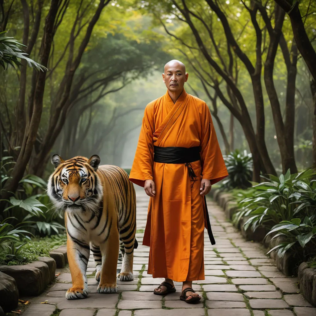 a man in an orange robe and a tiger walking down a path in a forest with trees and bushes, naturalism, a character portrait, Fang Congyi, orientalism