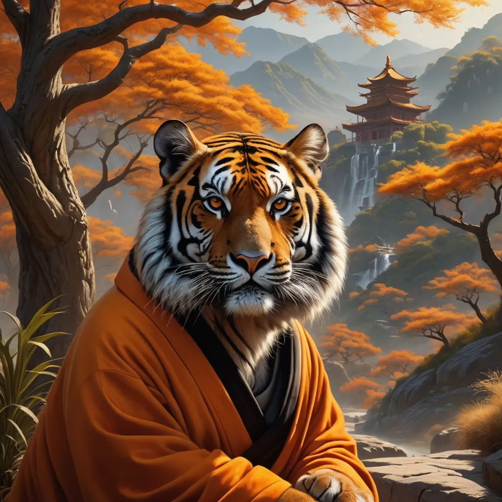 a tiger in a robe is standing in a forest with a waterfall and trees in the background, with a mountain and orange trees, fantasy art, a detailed matte painting, Dan Mumford, highly detailed digital painting